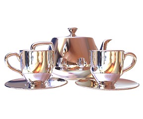 Image showing Chrome Teapot and mugs. 3d illustration