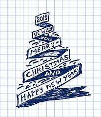 Image showing Christmas tree in the form of a ribbon drawn by a pen on checkered paper