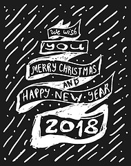 Image showing Stylized congratulations with Christmas and new year on a ribbon drawn on a chalk board