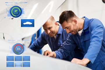 Image showing mechanic men with wrench repairing car at workshop