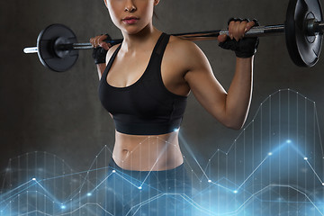 Image showing young woman flexing muscles with barbell in gym