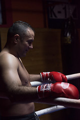 Image showing kick boxer resting on the ropes in the corner