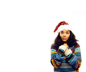 Image showing young pretty african american girl in red christmas hat isolated