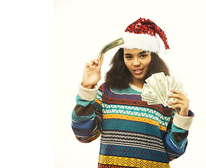 Image showing cute young real african hipster girl in santas red hat isolated 