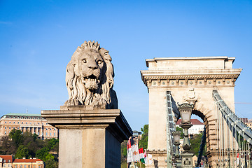 Image showing BUDAPEST, HUNGARY - 2017 MAY 19th: lion statue at the beginning 