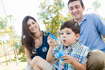 Image showing Young Boy Blowing Bubbles with His Parents in the Park.