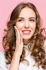 Image showing Portrait of beautiful woman, she has toothache