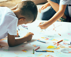 Image showing little cute boy with company painting on birthday party