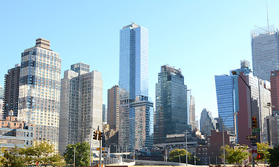 Image showing Skyscrapers and apartment buildings at intersection in New York 