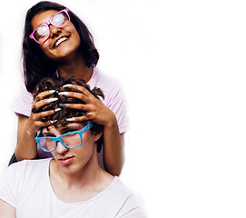 Image showing best friends teenage girl and boy together having fun, posing emotional on white background, couple happy smiling, lifestyle people concept, blond and brunette multi nations 