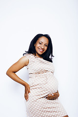 Image showing young pretty african american woman pregnant happy smiling, posing on white background isolated , lifestyle people concept