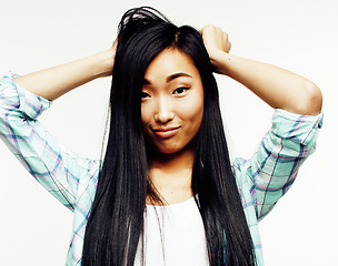 Image showing young pretty asian woman posing cheerful emotional isolated on white background, lifestyle people concept closeup