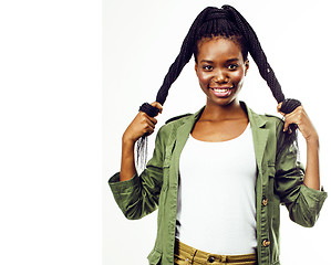 Image showing young pretty african-american girl posing cheerful emotional on 