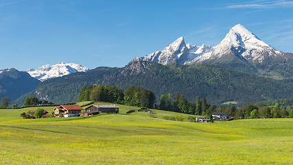 Image showing Traditional Alpine spring panoramic landscape in Berchtesgaden w