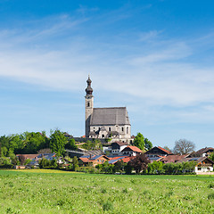 Image showing Spring scenery with rural Catholic church and small Bavarian vil