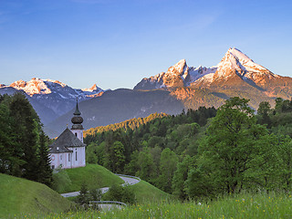 Image showing Spring serene scenery with Watzmann mount and Maria Gern church