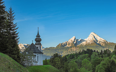 Image showing Maria Gern chapel and snow-capped peaks of Watzmann mountain