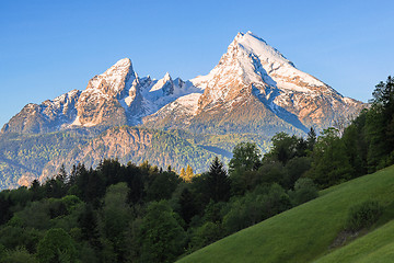 Image showing Snow-crowned Watzmann mount in famous Bavarian national park Ber