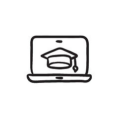 Image showing Laptop with graduation cap on screen sketch icon.