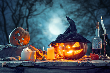 Image showing Halloween pumpkins on blue background