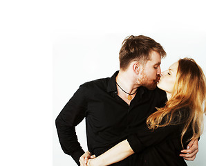 Image showing young hipster couple fooling around on white background