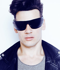 Image showing young handsome modern man in sunglasses like robot, lifestyle fashion style people concept 