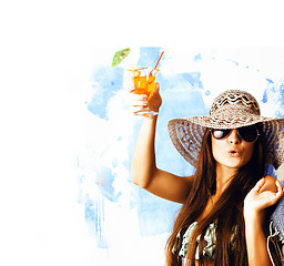 Image showing cute bright woman in sunglasses and hat with cocktail in bikini studio