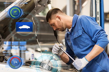 Image showing mechanic man with wrench repairing car at workshop