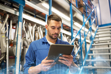 Image showing auto mechanic or smith with tablet pc at workshop