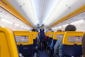 Image showing Stewardess serving passangers on Ryanair airplane flight on 14th of December, 2017 on a flight from Trieste to Valencia.