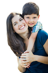 Image showing Young Mixed Race Mother and Son Hug Isolated on a White Backgrou