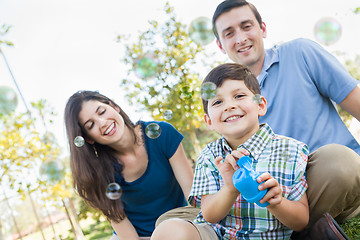 Image showing Young Boy Blowing Bubbles with His Parents in the Park.