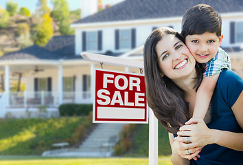 Image showing Young Mother and Son In Front of For Sale Real Estate Sign and H