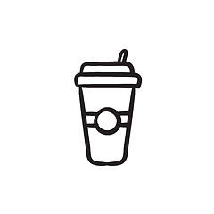 Image showing Disposable cup with drinking straw sketch icon.