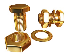Image showing Gold Bolt with nut. 3d illustration