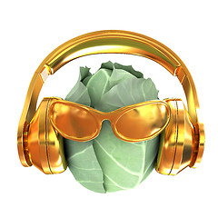 Image showing Green cabbage with sun glass and headphones front \