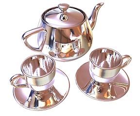 Image showing Chrome Teapot and mugs. 3d illustration