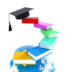 Image showing Earth of education with books around and graduation hat. Global 