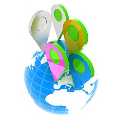 Image showing Planet Earth and map pins icon. Earth globe and colorful map lab