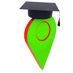 Image showing Geo pin with graduation hat on white. School sign, geolocation a