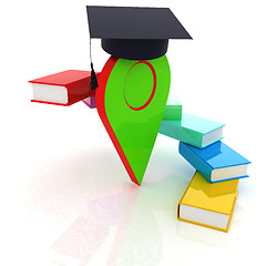 Image showing Pointer of education in graduation hat with books around. 3d ill