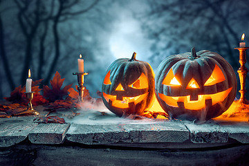 Image showing Halloween pumpkins on blue background