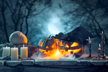 Image showing Halloween pumpkins on blue background