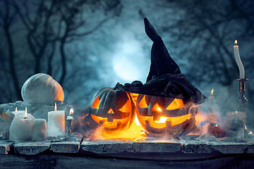 Image showing Halloween pumpkins on blue background