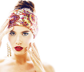 Image showing young pretty modern girl with bright shawl on head emotional pos