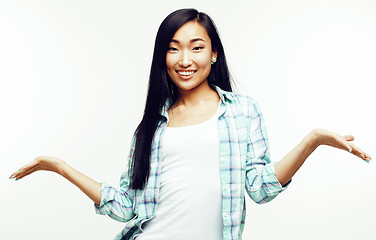 Image showing young pretty asian woman posing cheerful emotional isolated on white background, lifestyle people concept 