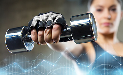 Image showing close up of sporty woman with steel dumbbell