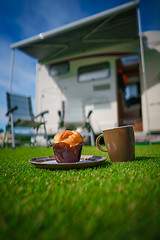 Image showing Coffee Mug on grass. Family vacation travel, holiday trip in mot