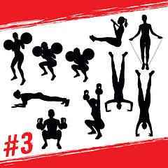 Image showing Vector silhouettes of people doing fitness and crossfit workouts