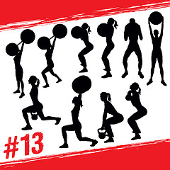 Image showing Vector silhouettes of people doing fitness and crossfit workouts